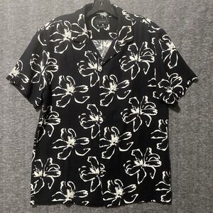 Porter & Ash Shirt Men Medium Black Floral Linen Blend Short Sleeve Beach Resort